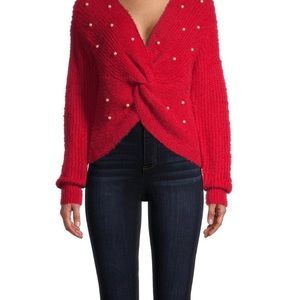 Red Twist Sweater with Pearl details